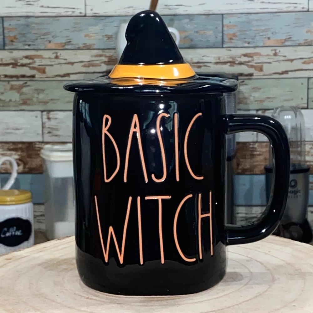 Rae Dunn "Basic Witch" Black mug w/ Topper (Orange Letters) Halloween